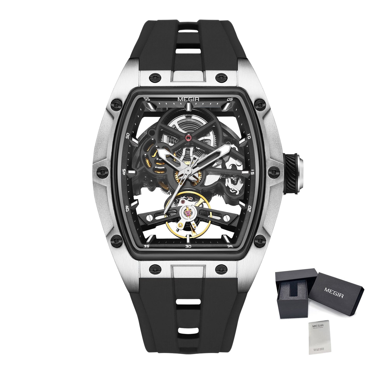 MEGIR Original Fashion Men Watches Automatic Mechanical Watch Steel Case Sport Skeleton Dial Wristwatch Waterproof Clock Reloj Hombre 2242-23