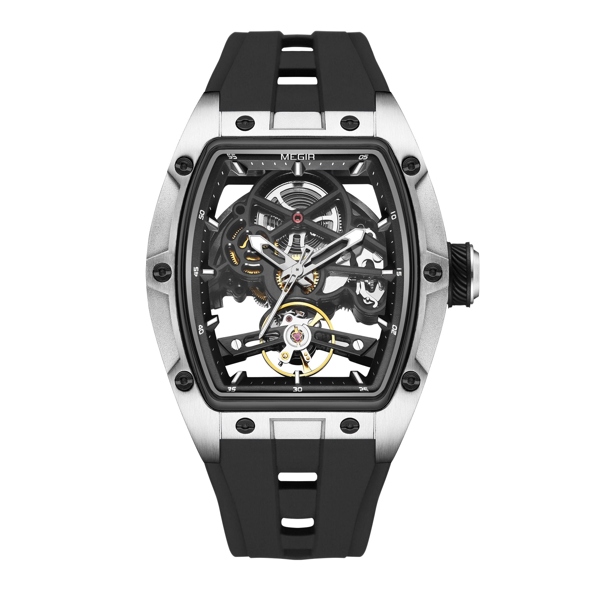 MEGIR Original Fashion Men Watches Automatic Mechanical Watch Steel Case Sport Skeleton Dial Wristwatch Waterproof Clock Reloj Hombre 2242-14